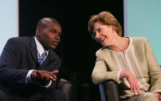 Mrs. Laura Bush talks with student Lyle Oates of the YouthBuild Alternative School in Cambridge, Mass., following her address Wednesday, May 9, 2007 in Washington, D.C., at the National Summit on America’s Silent Epidemic highlighting America’s high school dropout crisis. Mrs. Bush encouraged communities across the nation to come together and take action to reduce the high school dropout rate. Oates, who was out of school for two years, is now working toward his diploma and plans to attend college. White House photo by Joyce Boghosian