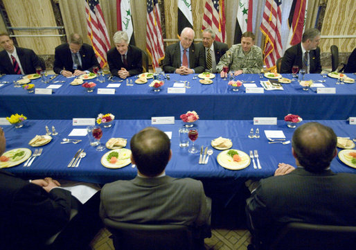 Vice President Dick Cheney is joined by U.S. officials during a lunch with Prime Minister Nouri al-Maliki of Iraq, and Iraqi Cabinet members Wednesday, May 9, 2007 at the U.S. Embassy in Baghdad. White House photo by David Bohrer