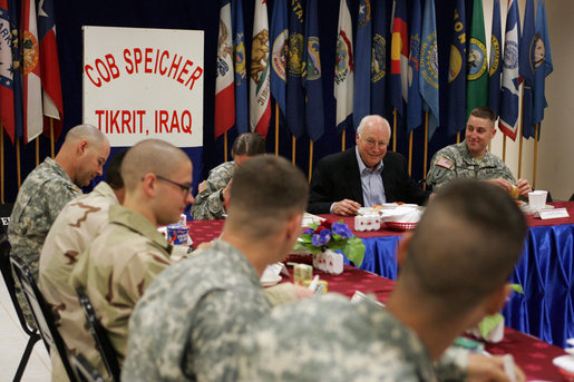 Vice President Dick Cheney has breakfast with U.S. troops Thursday, May 10, 2007, at Contingency Operating Base Speicher near Tikrit, Iraq. Following his overnight stay, the Vice President became the highest ranking administration official to spend the night in Iraq. White House photo by David Bohrer