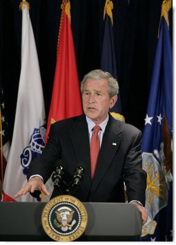 President George W. Bush addresses reporters following his meeting with Secretary of Defense Robert Gates and members of the Joint Chiefs of Staff Thursday, May 10, 2007, at the Pentagon in Arlington,Va., discussing the needs of our military in Iraq and Afghanistan and the latest developments in implementing the new Baghdad security plan.  White House photo by Eric Draper