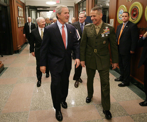 President George W. Bush is welcomed to the Pentagon by Joint Chiefs Chairman Gen. Peter Pace Thursday, May 10, 2007 in Arlington, Va., where President Bush met with U.S. Defense Secretary Robert Gates and members of the Joint Chiefs of Staff. White House photo by Eric Draper