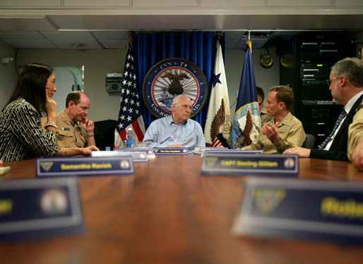 Vice President Dick Cheney attends a classified briefing, Friday, May 11, 2007, aboard the aircraft carrier USS John C. Stennis in the Persian Gulf. Seated with the Vice President from left is U.S. Ambassador to the United Arab Emirates Michele Sison; U.S. naval commander Vice Admiral Kevin J. Cosgriff; USS John C. Stennis Strike Group Commander Rear Admiral Kevin Quinn; Chief of Staff to the Vice President David Addington. White House photo by David Bohrer