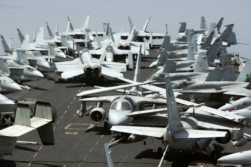 U.S. Naval aircraft are seen parked on the flight deck of the the Nimitz-class nuclear-powered supercarrier USS John C. Stennis, Friday, May 11, 2007, during a visit by Vice President Dick Cheney. White House photo by David Bohrer
