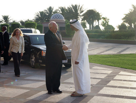 Vice President Dick Cheney is greeted by Crown Prince Sheikh Mohammad bin Zayed of Abu Dhabi Friday, May 11, 2007, prior to their meeting at the Emirates Palace Hotel in Abu Dhabi, United Arab Emirates. White House photo by David Bohrer