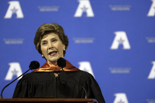 Mrs. Bush delivers remarks to the 2007 graduating class from The University of Texas at Arlington on Friday, May 11, 2007, during their Graduation Celebration event in Arlington, Texas. “Tonight, we honor 2,700 students from nine schools and 79 countries.” Mrs. Bush said during her speech. “And now you’re united by one distinction: You’re UTA graduates.” White House photo by Shealah Craighead