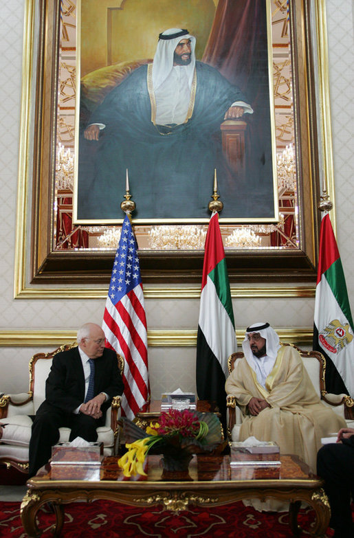 Vice President Dick Cheney meets with President Khalifa bin Zayid al-Nuhayyan of the United Arab Emirates, Saturday, May 12, 2007, at Al-Bateen Palace in Abu Dhabi, United Arab Emirates. Behind them is a portrait of the President's late father, Sheikh Zayed bin Sultan Al Nahyan. White House photo by David Bohrer