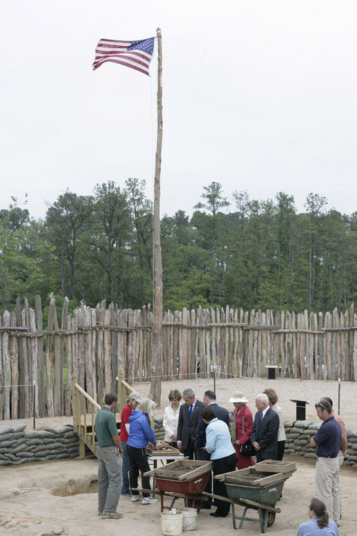 President George W. Bush and Mrs. Laura Bush get a first-hand look as archaeologists work at the historic Jamestowne site Sunday, May 13, 2007, in Jamestown, Va. White House photo by Shealah Craighead