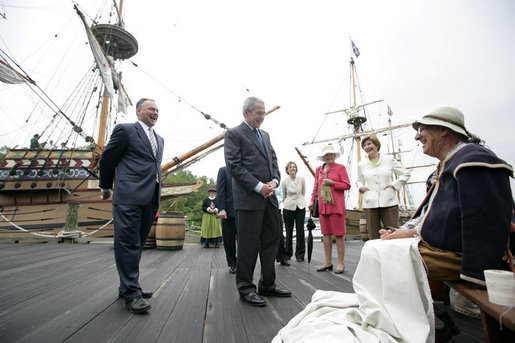 President George W. Bush and Mrs. Laura Bush are joined by Virginia Gov. Tim Kaine and his wife, Anne Holton, and former Supreme Court Justice Sandra Day O'Connor as they talk with Josiah Freitus, a sail maker, during a visit to Jamestown Settlement Sunday, May 13, 2007, in Jamestown, Va. White House photo by Shealah Craighead