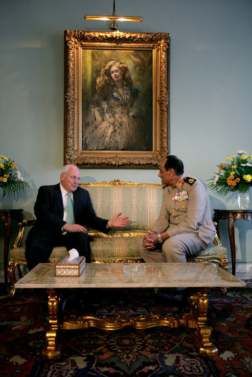 Vice President Dick Cheney gestures during a meeting with Egyptian Field Marshal Mohamed Hussein Tantawi Sunday, May 13, 2007, at the Presidential Palace in Cairo. White House photo by David Bohrer