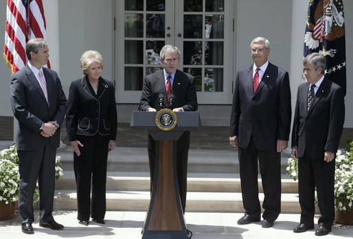 President George W. Bush delivers a statement on CAFE and alternative fuel standards Monday, May 14, 2007, in the Rose Garden. Pictured with President Bush are, from left: Energy Deputy Secretary Clay Sell, Transportation Secretary Mary Peters, EPA Administrator Stephen Johnson and Agricultural Secretary Mike Johanns. “Our dependence on oil creates a threat to America's national security, because it leaves us more vulnerable to hostile regimes, and to terrorists who could attack oil infrastructure,” said President Bush. White House photo by Joyce Boghosian