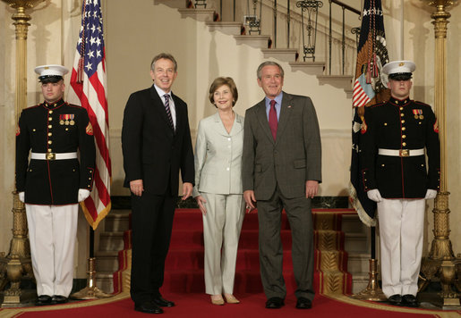 President George W. Bush and Mrs. Laura Bush welcome British Prime Minister Tony Blair to the White House Wednesday evening, May 16, 2007. President Bush will host Prime Minister Blair at a private dinner Wednesday evening, with an Oval Office meeting and joint news conference planned for Thursday at the White House. White House photo by Shealah Craighead