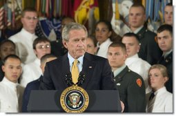 President George W. Bush speaks during the commissioning ceremony for Joint Reserve Officer Training Corps Thursday, May 17, 2007, in the East Room. "Over the years this room has been used for dances, concerts, weddings, funerals, award presentations, press conferences and bill signings," said President Bush. "Today we add another event to the storied legacy of the East Room -- the first Joint ROTC Commissioning Ceremony."  White House photo by Joyce Boghosian
