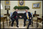 President George W. Bush and Prime Minister Tony Blair of the United Kingdom, shake hands Thursday, May 17, 2007, as they meet in the Oval Office of the White House. The visit to Washington, D.C. marked the last for the Prime Minister, who has announced he will step down in June. White House photo by Eric Draper