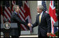 President George W. Bush and Prime Minister Tony Blair shake hands following their joint press availability Thursday, May 17, 2007, in the Rose Garden of the White House. White House photo by Eric Draper