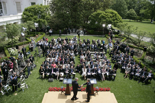 President George W. Bush and Prime Minister Tony Blair of the United Kingdom, shake hands as they end their joint press availability Thursday, May 17, 2007, in the Rose Garden of the White House. White House photo by Shealah Craighead