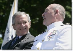 President George W. Bush talks with Admiral Thad Allen, Commandant of the U.S. Coast Guard, Wednesday, May 23, 2007, at the U.S. Coast Guard Academy commencement in New London, Conn. White House photo by Joyce N. Boghosian