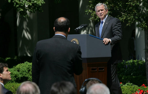 President George W. Bush listens to a question Thursday, May 24, 2007, during a press conference in the Rose Garden. The President said, "Today, Congress will vote on legislation that provides our troops with the funds they need. It makes clear that our Iraqi partners must demonstrate progress on security and reconciliation. As a result, we removed the arbitrary timetables for withdrawal and the restrictions on our military commanders that some in Congress have supported." White House photo by Chris Greenburg
