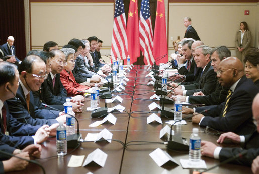President George W. Bush sits across from Vice Premier Wu Yi of the People's Republic of China, during a meeting Thursday, May 24, 2007, with the Chinese Delegation to the Strategic Economic Dialogue at the Eisenhower Executive Office Building. White House photo by David Bohrer