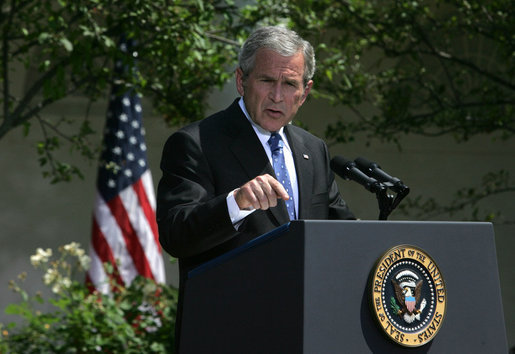 President George W. Bush emphasizes a point as he responds to a question Thursday, May 24, 2007, during a press conference in the Rose Garden of the White House. White House photo by Joyce Boghosian