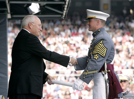 Vice President Dick Cheney presents a diploma to a U.S. Military Academy graduate during commencement ceremonies at Michie Stadium Saturday, May 26, 2007, in West Point, N.Y. White House photo by David Bohrer
