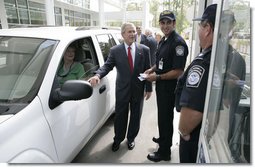 President George W. Bush stands at a simulated border crossing Tuesday, May 29, 2007, during a tour of the Federal Law Enforcement Training Center in Glynco, Ga.  White House photo by Eric Draper
