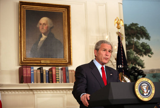 President George W. Bush delivers a statement on Darfur Tuesday, May 29, 2007, in the Diplomatic Reception Room of the White House. Said the President, " The people of Darfur are crying out for help. I urge the United Nations Security Council, the African Union, and all members of the international community to reject any efforts to obstruct implementation of the agreements that would bring peace to Darfur and Sudan." White House photo by David Bohrer