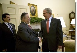 President George W. Bush welcomes President Jalal Talabani of Iraq to the Oval Office Thursday, May 31, 2007. White House photo by Eric Draper