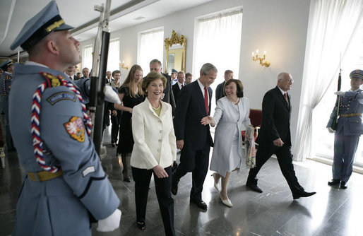 President George W. Bush and Mrs. Laura Bush walk with President Vaclav Klaus and his wife Livia Klausova during their visit to Prague Castle Tuesday, June 5, 2007. White House photo by Eric Draper