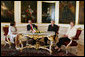 President George W. Bush and Mrs. Laura Bush meet with Czech Republic President Vaclav Klaus and his wife Livia Klausova in the Hapsburg Salon of Prague Castle Tuesday, June 5, 2007. White House photo by Shealah Craighead