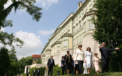 Mrs. Laura Bush and Mrs. Livia Klausova, First Lady of Czech Republic, tour the gardens of Prague Castle Tuesday, June 5, 2007, at Prague Castle in Prague, Czech Republic. White House photo by Shealah Craighead