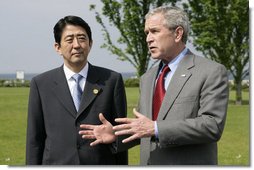 President George W. Bush meets with Prime MInister Shinzo Abe of Japan at the Kempinski Grand Hotel Wednesday, June 6, 2007, in Heiligendamm, Germany. The two leaders discussed a number of topics that included North Korea, energy and climate change.  White House photo by Eric Draper