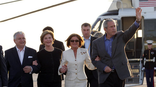 President George W. Bush and Mrs. Laura Bush are welcomed Friday, June 8, 2007, on their arrival to Gdansk, Poland, by Polish President Lech Kaczynski and his wife, Maria. White House photo by Eric Draper