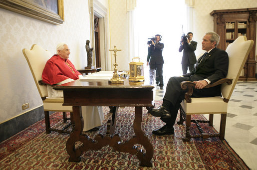 President George W. Bush meets with Pope Benedict XVI at the Vatican Saturday, June 9, 2007. The two leaders met for privately 35 minutes. White House photo by Eric Draper