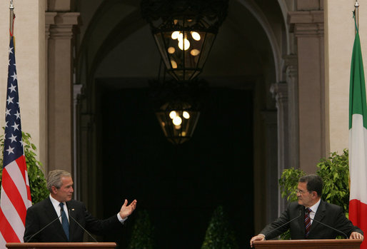 President George W. Bush responds to a reporter's question Saturday, June 9, 2007, during a joint statement with Prime Minister Romano Prodi at his Chigi Palace in Rome. White House photo by Chris Greenberg