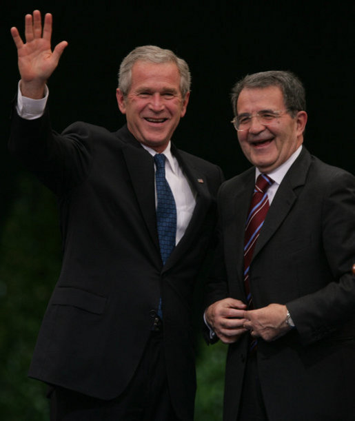 President George W. Bush and Prime Minister Romano Prodi of Italy embrace following their joint statement Saturday, June 9, 2007, at the Chigi Palace in Rome. White House photo by Chris Greenberg