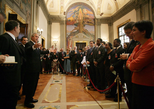 President George W. Bush greets members of the community of Sant'Egidio Saturday, June 9, 2007, at the American Embassy in Rome. Built on prayer, solidarity, friendship and peace, the community was created in Rome in 1968 by students wanting to take the Gospel more seriously. Today, it consists of more than 40,000 Christian laypeople in more than 60 countries worldwide. White House photo by Eric Draper