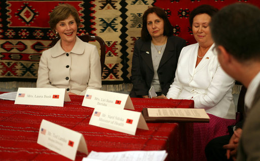 Mrs. Laura Bush participates in a roundtable discussion Sunday, June 10, 2007, at the Women's Wellness Center at Queen Geraldine Hospital Obstetrics and Gynecology in Tirana, Albania. White House photo by Shealah Craighead