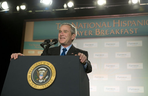 President George W. Bush addresses the National Hispanic Prayer Breakfast Friday, June 15, 2007, in Washington, D.C. “Many of you at this breakfast devote your lives to serving others. By doing so, you're answering a timeless call to love your neighbor as yourself,” said President Bush. “You really represent the true strength of America, and I thank you for being of service to our country.” White House photo by Joyce N. Boghosian