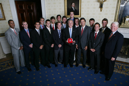 President George W. Bush stands with members of the University of Georgia Men's Tennis 2007 Championship Team Monday, June 18, 2007 at the White House, during a photo opportunity with the 2006 and 2007 NCAA Sports Champions. White House photo by Eric Draper