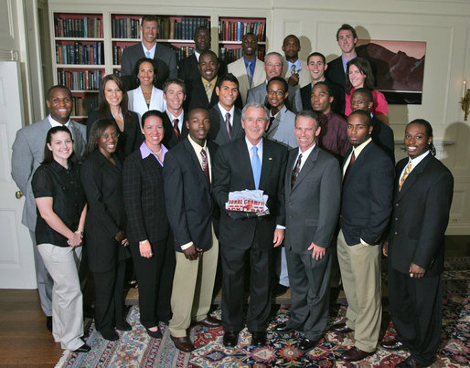 President George W. Bush stands with members of the Florida State University Outdoor Track & Field 2007 Championship Team Monday, June 18, 2007 at the White House, during a photo opportunity with the 2006 and 2007 NCAA Sports Champions. White House photo by Joyce N. Boghosian