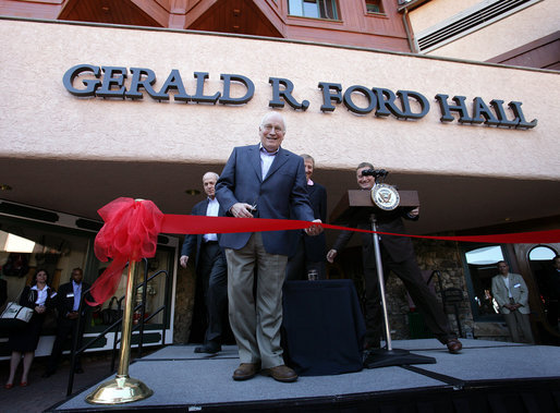 Vice President Dick Cheney participates in a ribbon-cutting ceremony Saturday, June 23, 2007, to mark the dedication of the newly renamed Gerald R. Ford Hall during the 26th annual AEI World Forum at the Park Hyatt Hotel in Beaver Creek, Colorado. The AEI World Forum, originally conceived by former President Gerald R. Ford, attracts political and economic leaders from around the world and is presented by the American Enterprise Institute for Public Policy Research and the Vail Valley Foundation. White House photo by David Bohrer
