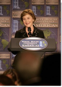 Mrs. Laura Bush delivers remarks Monday, July 9, 2007, during A Conversation on the Americas in Arlington, Va. The President and Mrs. Bush hosted the conference to highlight the Administration's commitment to development in the Western Hemisphere and to bring together civil society leaders from across the Americas to build relationships and share best practices that will allow people to help their neighbors and fellow citizens. White House photo by Shealah Craighead