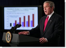 President George W. Bush delivers remarks on the Fiscal Year 2008 budget Wednesday, July 11, 2007, in the Eisenhower Executive Office Building. The President's budget lays out a detailed plan to balance the budget by 2012 while keeping taxes low. White House photo by Eric Draper