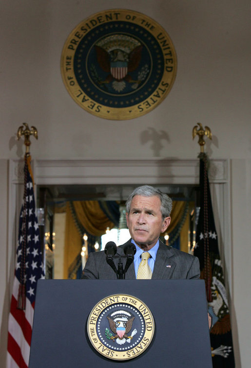 President George W. Bush delivers remarks on the Middle East Monday, July 16, 2007, in the Cross Hall. "This year, we will provide the Palestinians with more than $190 million in American assistance -- including funds for humanitarian relief in Gaza," said the President. "To build on this support, I recently authorized the Overseas Private Investment Corporation to join in a program that will help generate $228 million in lending to Palestinian businesses." White House photo by Joyce N. Boghosian