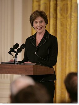 Mrs. Laura Bush welcomes award winners and guests to the East Room of the White House Wednesday, July 18, 2007, to honor the recipients of the 2007 Cooper-Hewitt National Design Awards. White House photo by Shealah Craighead