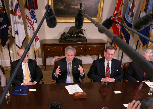 President George W. Bush gestures as he speaks to members of the media Wednesday, July 18, 2007 in the Roosevelt Room at the White House, following a meeting with the Import Safety working group, where President Bush announced an updated review of the food safety regulations and inspection procedures will be conducted to ensure the nation's food supply remains the safest in the world. White House photo by Eric Draper