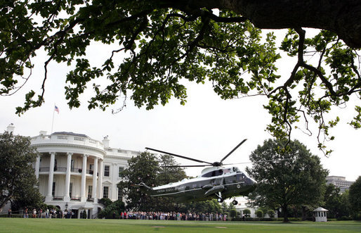 President George W. Bush departs the South Lawn via Marine One July 19, 2007. The President will speak about the budget during a visit to Nashville. White House photo by Joyce N. Boghosian