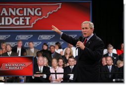 President George W. Bush gestures as he addresses the audience at the Gaylord Opryland Resort and Convention Center Thursday, July 19, 2007 in Nashville, Tenn. Speaking about the economy and budget issues President Bush said, "The best way to balance the budget is to keep taxes low." White House photo by Chris Greenberg