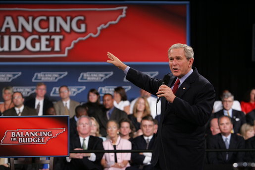President George W. Bush gestures as he addresses the audience at the Gaylord Opryland Resort and Convention Center Thursday, July 19, 2007 in Nashville, Tenn. Speaking about the economy and budget issues President Bush said, "The best way to balance the budget is to keep taxes low." White House photo by Chris Greenberg