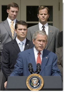 President George W. Bush delivers a statement on the Global War on Terror in the Rose Garden Friday, July 20, 2007. "It is time to rise above partisanship, stand behind our troops in the field, and give them everything they need to succeed," announced the President. White House photo by Joyce N. Boghosian